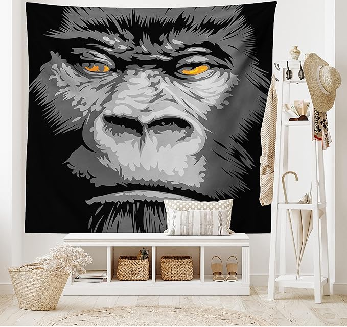 Ambesonne Modern Tapestry, Close up Gorilla Portrait with Orange Eyes Zoo Jungle Animal Wild Money Graphic, Fabric Wall Hanging Decor for Bedroom Living Room Dorm, 30" X 45", Grey Marigold