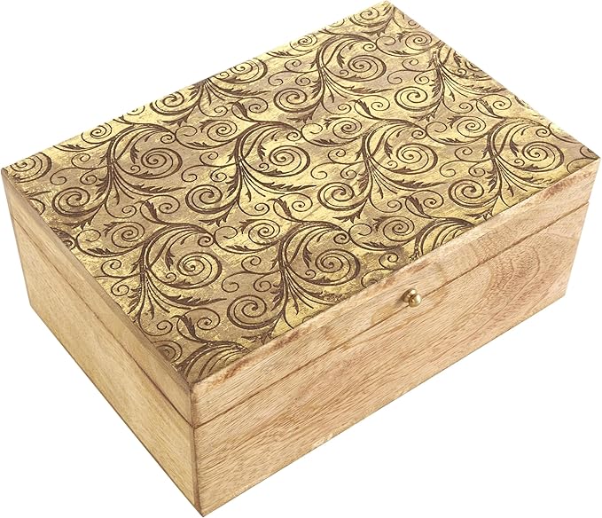 Deco 79 Mango Wood Scroll Handmade Decorative Box Storage Decorative Keepsake Box with Gold Accents, Set of 3 Storage Box 11", 9", 7"W, Brown