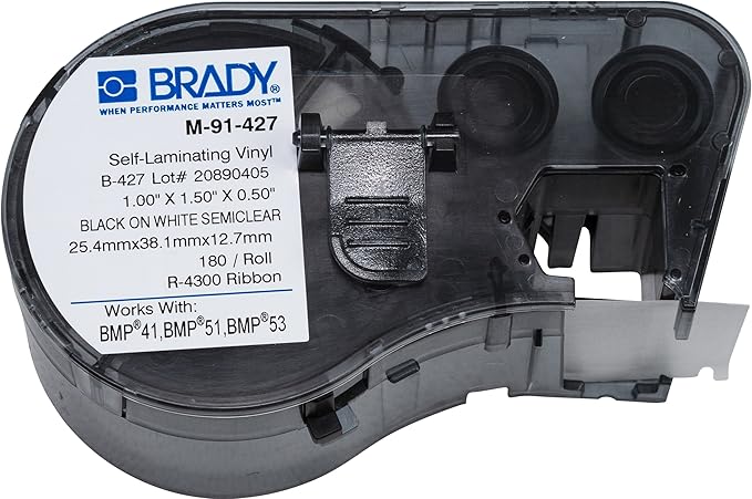 Brady Self-Laminating Vinyl Label Tape (M-91-427) - Black on White, Semi Clear Tape - Compatible with BMP41, BMP51, BMP53 Label Printers - 1.5" Height, .5" Width