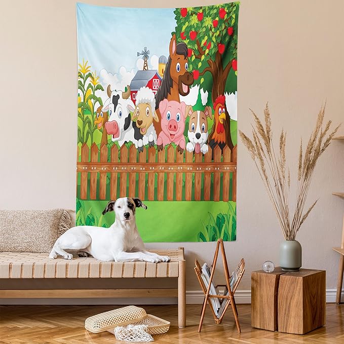 Ambesonne Cartoon Tapestry Twin Size, Composition Farm Animals on Fence Comic Mascots Dog Cow Horse Design, Wall Hanging Bedspread Bed Cover Wall Decor, 68" X 88", Green Multicolor