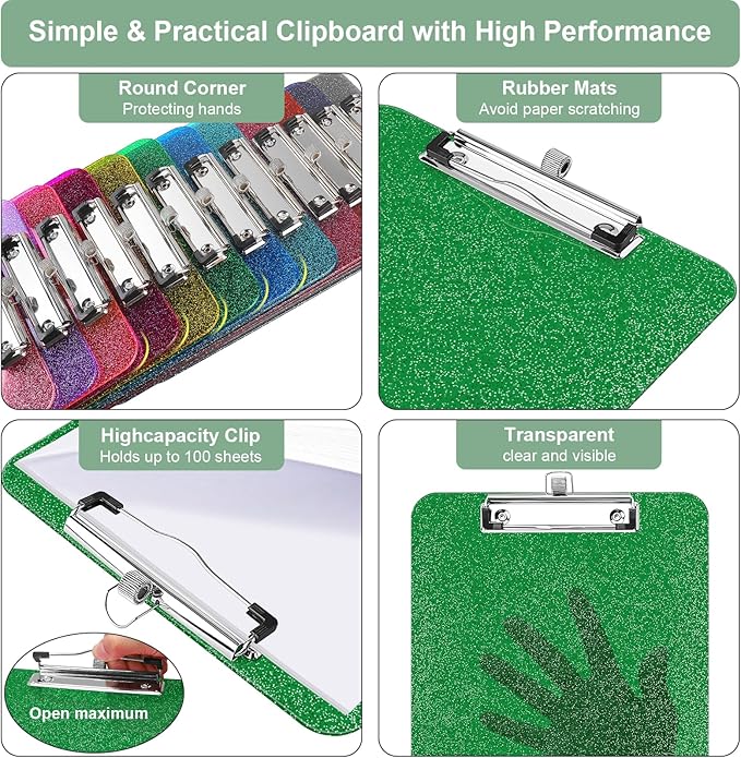 SFLHHDM Clear Glitter Clipboards, Plastic Clipboard with Pen Holder, Clip Boards 8.5x11 with Low Profile Clip, Cute Hanging Clip Board for Office School Supplies Sparkly Clipboard (Christmas Green)