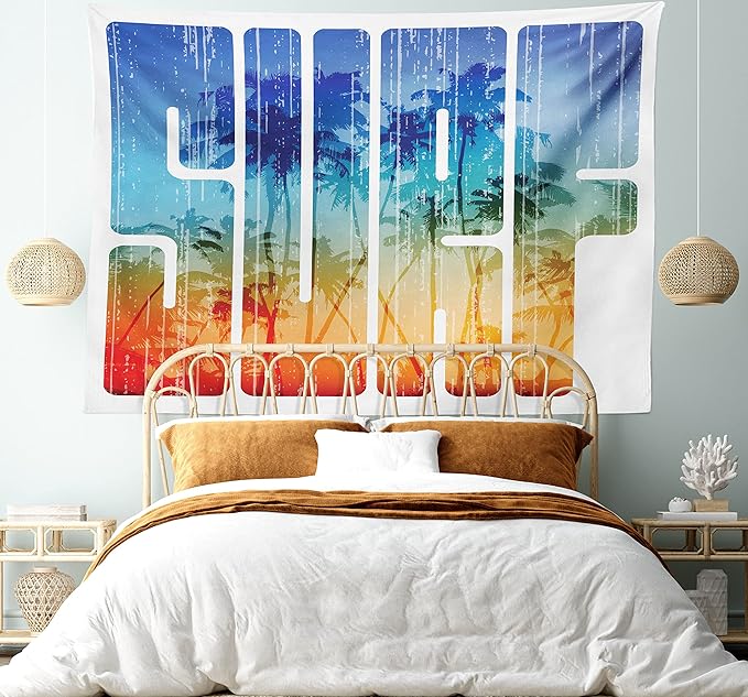 Ambesonne Surf Tapestry King Size, Summer Theme Retro Letters That Reflect the Seacoast Palm Tree Extreme Sports Art, Wall Hanging Bedspread Bed Cover Wall Decor, 104" X 88", Navy Orange