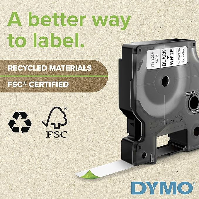DYMO Rhino Industrial Vinyl Labels 1/2" White Print on Black Tape