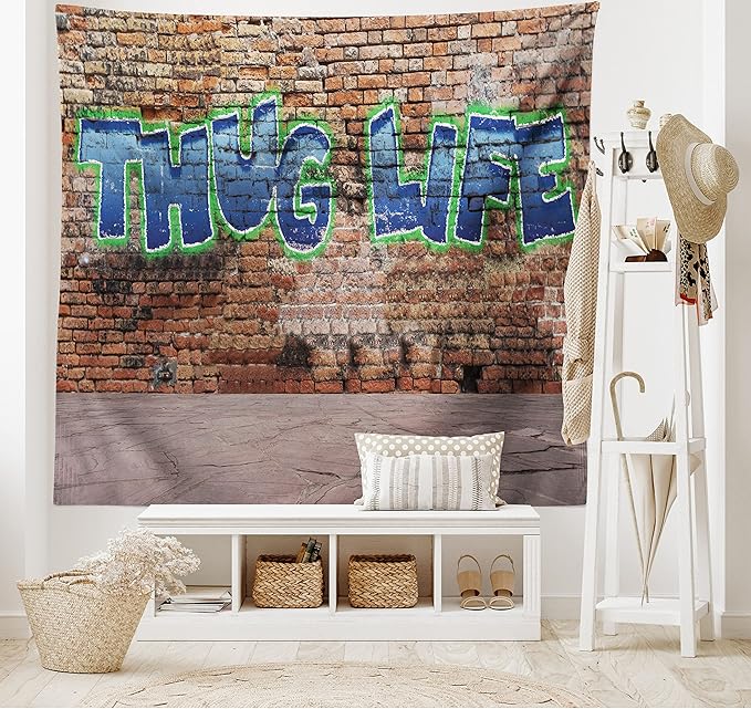 Ambesonne Thug Life Tapestry King Size, Graffiti Style Words on a Brick Wall Street Urban Art Hip Hop Rap Culture Theme, Wall Hanging Bedspread Bed Cover Wall Decor, 104" X 88", Brown Blue