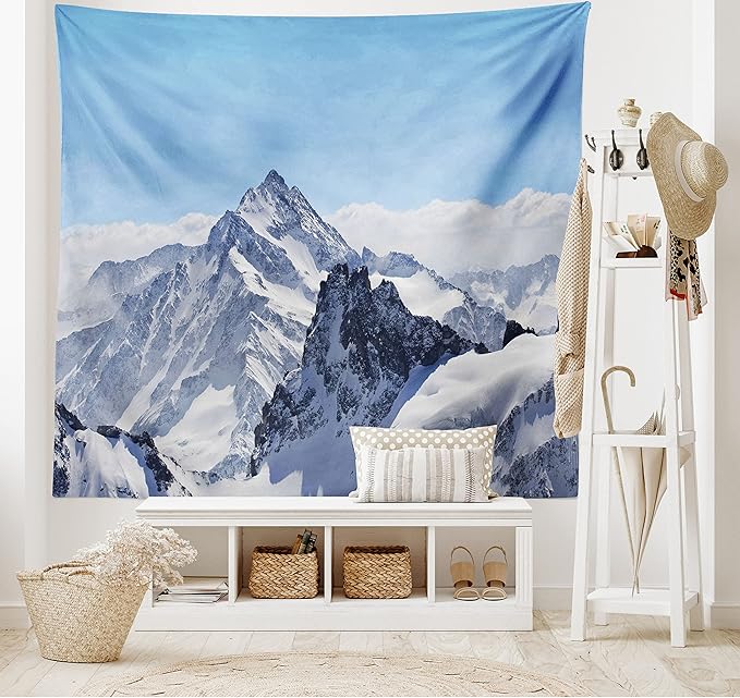 Ambesonne Winter Tapestry, Snowy Rocky Mountain Peaks Tops Scene High Lands ICY Frozen Swiss Outdoor Art, Wide Wall Hanging for Bedroom Living Room Dorm, 60" X 40", Blue and White