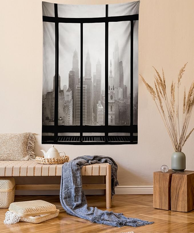 Ambesonne City Tapestry, Philadelphia City Rooftop View Through Window Skyline Landmark Rooftop Travel, Fabric Wall Hanging Decor for Bedroom Living Room Dorm, 30" X 45", Grey Black