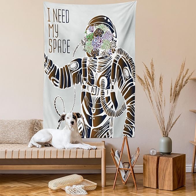 Ambesonne Outer Space Tapestry, Funny Love Words with a Floral Head Cosmonaut Pilot Man Humor Illustration, Wall Hanging for Bedroom Living Room Dorm Decor, 40" X 60", Grey Brown