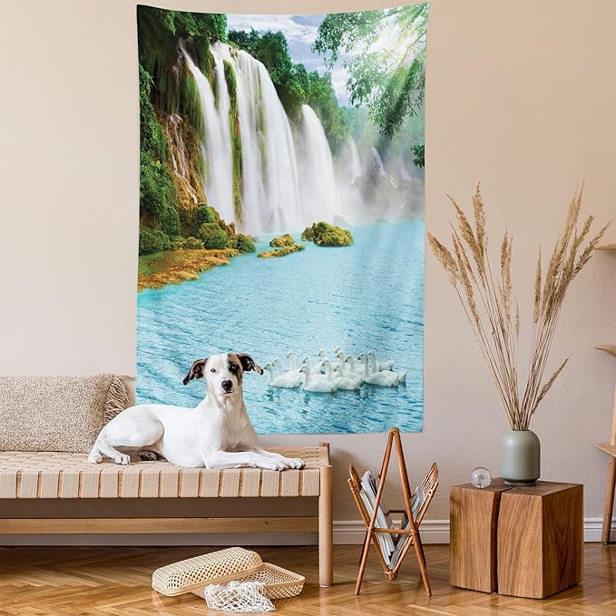 Ambesonne Waterfall Tapestry Twin Size, Image of a Grand Waterfall with Swans in the Lake Sunny Day Nature Print, Wall Hanging Bedspread Bed Cover Wall Decor, 68" X 88", White Green