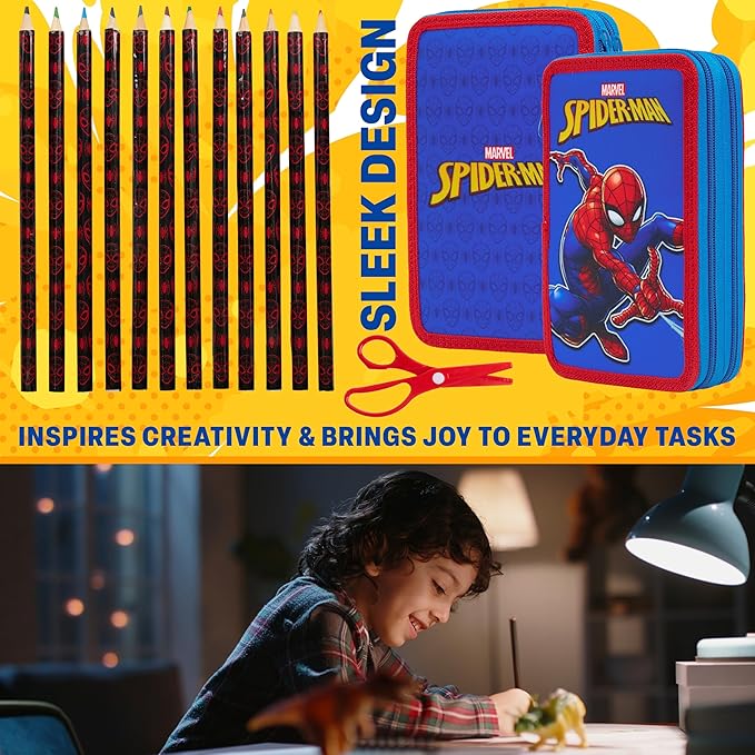 Marvel Spiderman Pencil Case with Colored Pencils Markers School Supplies Set Pen Holder Stationery Art Kit Gifts for Boys (Multi)