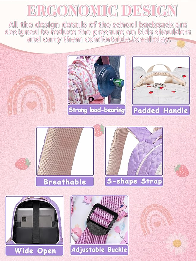 Purple Girls Backpacks with Lunch Box for Teens Kids for Age 6-8 8-10 10-12 Cute School Bag for Middle High School Primary Preppy Bookbag Mochila Para Niñas