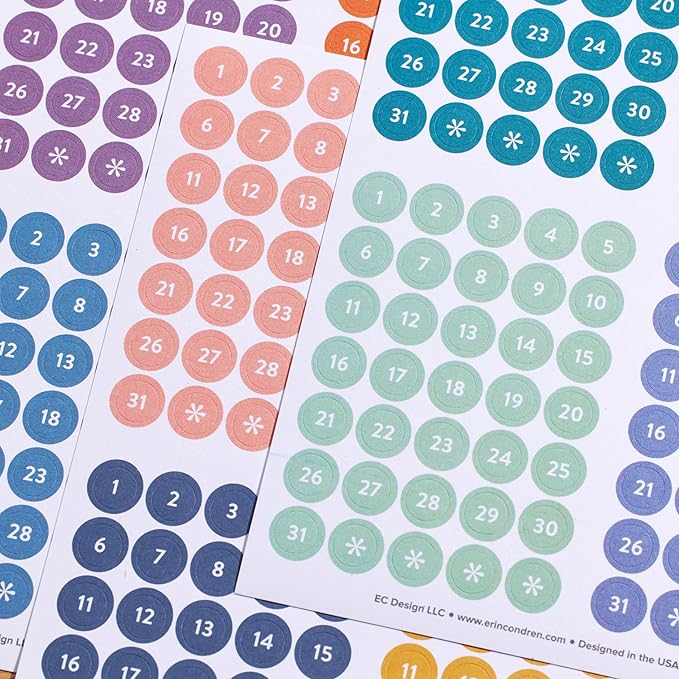 Erin Condren Colorful Calendar Date Dots, 12 Sheets of Multicolor Number Stickers for Undated Planners and Calendars, Monthly Date Dot Stickers for Easy Scheduling and Planning