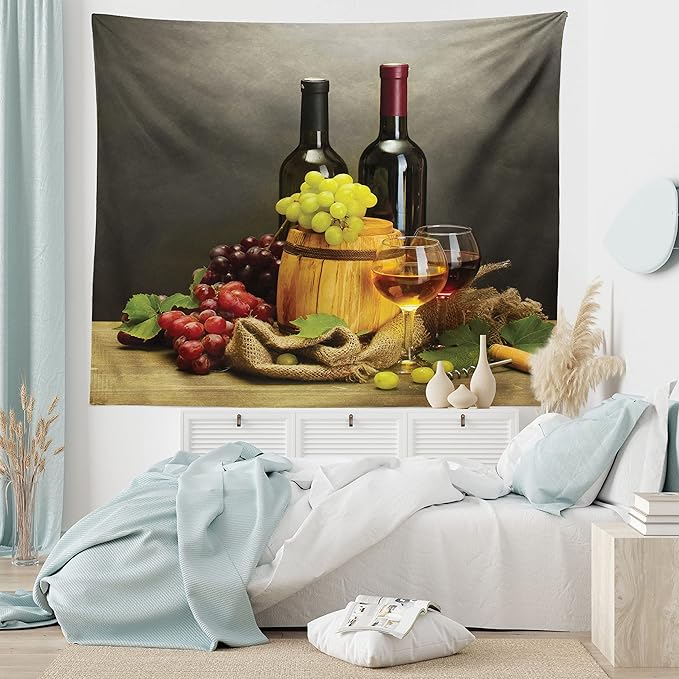 Ambesonne Winery Tapestry King Size, Cask Bottles and Glasses of Wine and Ripe Grapes on Wooden Table Picture Print, Wall Hanging Bedspread Bed Cover Wall Decor, 104" X 88", Grey Taupe