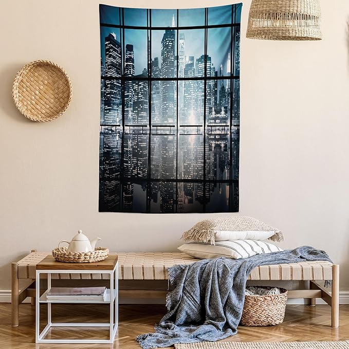 Ambesonne Modern Tapestry, Modern New York City Scenery at Night with Skyscrapers Buildings Print, Fabric Wall Hanging Decor for Bedroom Living Room Dorm, 23" X 28", Black Blue