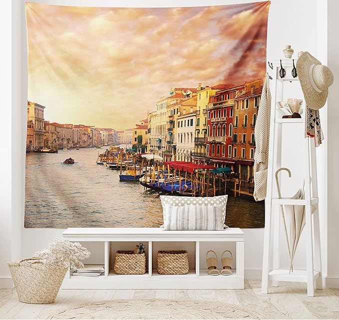 Ambesonne Scenery Tapestry, Venezia City Italian Landscape with Old Houses Gondollas and Spikes Image, Fabric Wall Hanging Decor for Bedroom Living Room Dorm, 45" X 30", Orange Yellow