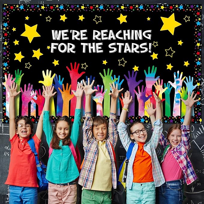 Reach for The Stars Bulletin Board Set Welcome Back to School Bulletin Board Colorful Stars Hands Cutouts for Inspirational Motivational Classroom Decoration Educational Learning Activities Supplies
