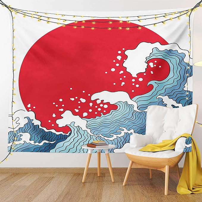 Ambesonne Japanese Wave Tapestry, Big Red Sun Setting Scenery Tropical Nautical Tsunami Swirls, Fabric Wall Hanging Decor for Bedroom Living Room Dorm, 23" X 28", Red Blue White