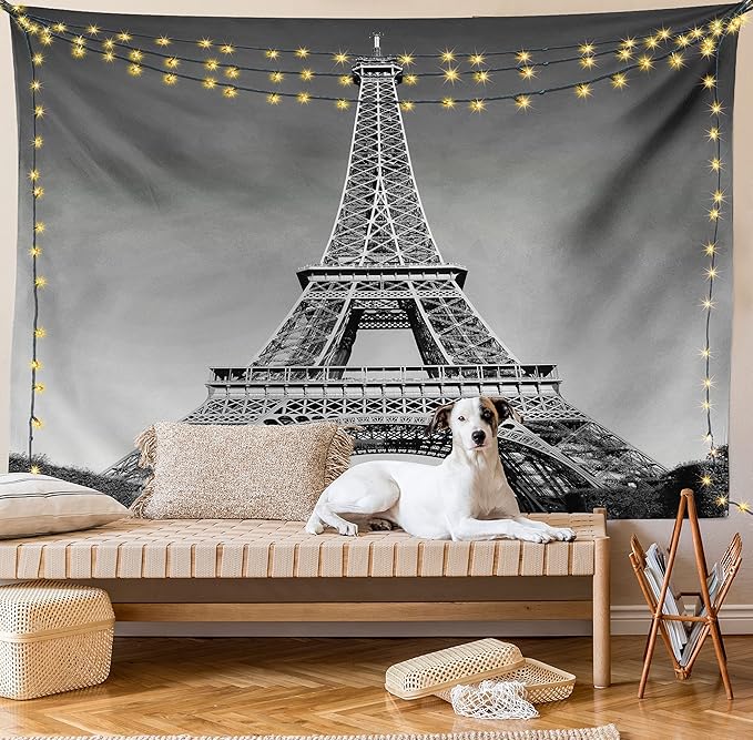 Ambesonne Eiffel Tower Tapestry Queen Size, Paris Landmark Monochrome Picture of Cityscape European Urban Famous Place Image, Wall Hanging Bedspread Bed Cover Wall Decor, 88" X 88", Grey