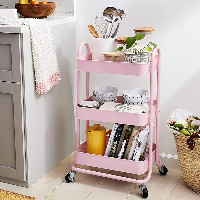 Amazon Basics 3-Tier Rolling Utility or Kitchen Cart, Lockable Wheels, Multifunctional Storage, Metal Storage Organizer, Portable, Dusty Pink