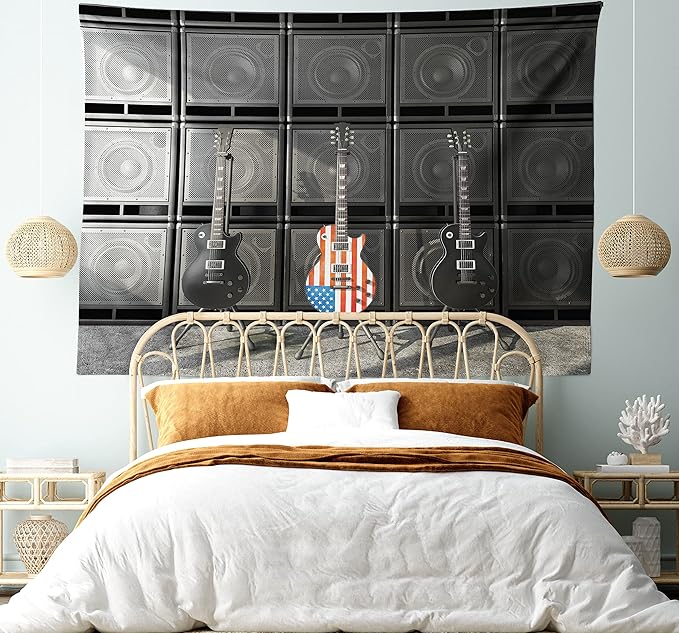 Ambesonne American Flag Tapestry, Black and Us Bass Guitar Electronic Rock Music Theme Digital Graphic Work, Wide Wall Hanging for Bedroom Living Room Dorm, 80" X 60", Charcoal Red