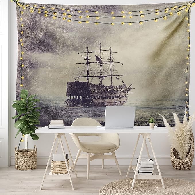 Ambesonne Nautical Tapestry King Size, Old Pirate Ship in the Sea Historical Cruise Retro Voyage Grunge Style Art, Wall Hanging Bedspread Bed Cover Wall Decor, 104" X 88", Tan Plum