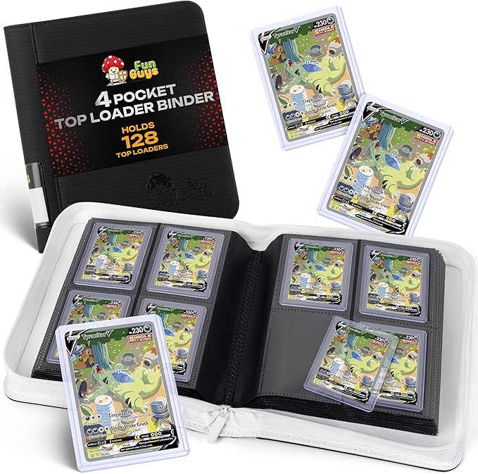 FunGuys Toploader Binder – 4 Pocket Trading Card Binder for 128 Top Loaders, Pokemon Card Binder, MTG, Yugioh, Sports Cards, TCG Storage Album, Zipper Card Collector Folder