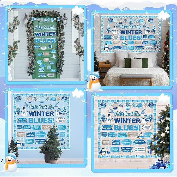 Honoson 68 Pcs Winter Bulletin Board Decorations Set Winter Mental Health Classroom Decor Snowman Snowflake Motivational Cutouts for January Xmas Holiday Party School Office Home Wall Door Supplies