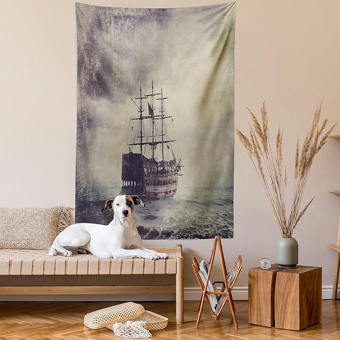 Ambesonne Nautical Tapestry, Old Pirate Ship in the Sea Historical Cruise Retro Voyage Grunge Style Art, Wall Hanging for Bedroom Living Room Dorm Decor, 60" X 80", Tan Plum