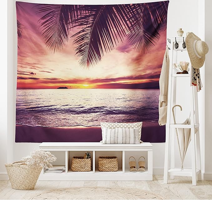 Ambesonne Palm Tree Tapestry, Tropical Beach Under Shadows at Sunset Ocean Waves Serenity of Paradise in Nature, Fabric Wall Hanging Decor for Bedroom Living Room Dorm, 28" X 23", Yellow Purple