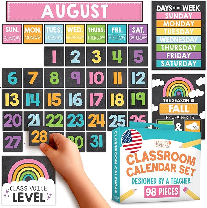 Hadley Designs Classroom Calendar Set Bulletin Board Decorations - School Calendar for Classroom Elementary, Preschool Must Haves, Homeschool & Daycare Essentials, Chalkboard Teacher Calendars