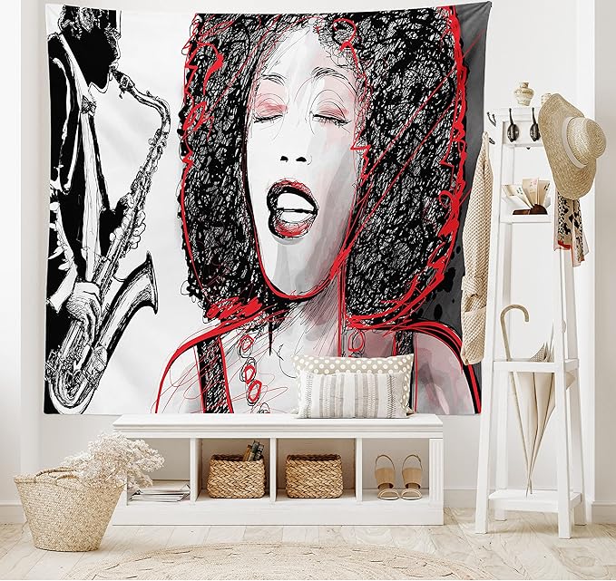 Ambesonne African Tapestry, Afro Lady Singing a Jazz Song with Saxophone Player Silhouette Vintage Design, Fabric Wall Hanging Decor for Bedroom Living Room Dorm, 45" X 30", Black Pale Grey