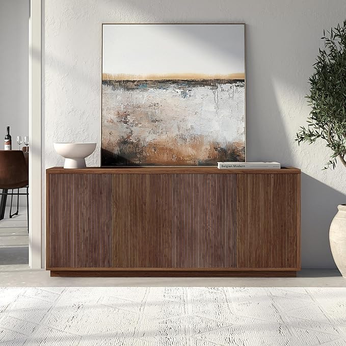 Henn&Hart 68'' Fluted Sideboard Buffet Cabinet, Ribbed Modern Wooden Credenza with 4 Doors, Adjustable Shelves, and Cable Management Cut-Outs for Dining Room, Kitchen, or Living Room, Satin Walnut
