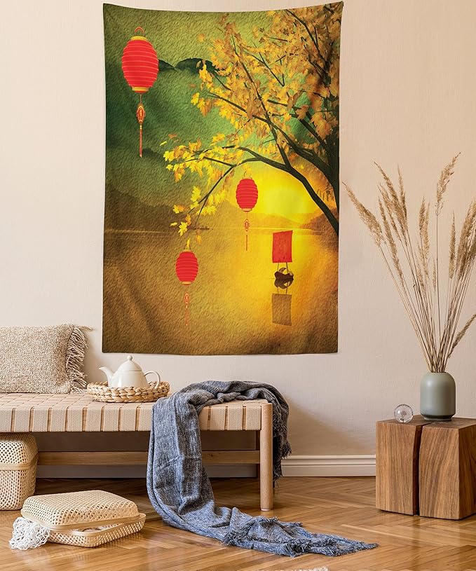 Ambesonne Oriental Tapestry, Traditional Chinese Folk Hanging from Pale Fall Trees Lake Faded Nature Photo, Fabric Wall Hanging Decor for Bedroom Living Room Dorm, 23" X 28", Yellow Green