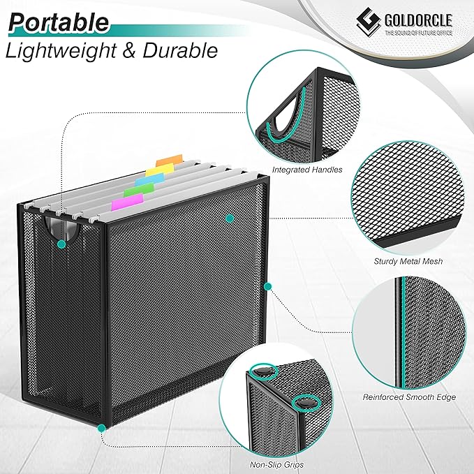 Hanging File Organizer, Letter-Size File Holder Filing Box with 5 Hanging Folders, Metal Mesh Desk File Folder Storage(No Assembly Required) (with 5 Grey Folders)