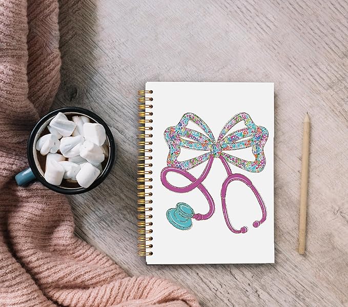 Ecezatik Coquette Floral Stethoscope Bow Nurse Notebook Journal, Nurse Appreciation Gifts for Women, Nursing Medical Graduation Gifts, Nursing Aesthetic Spiral Notebook 5.5x8.3 Inch