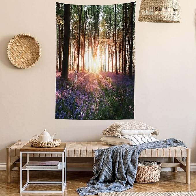 Ambesonne Forest Tapestry, Bluebell Woods Sunrise with White Rabbit Sunny Spring Day in Woodland, Fabric Wall Hanging Decor for Bedroom Living Room Dorm, 30" X 45", Purple Green