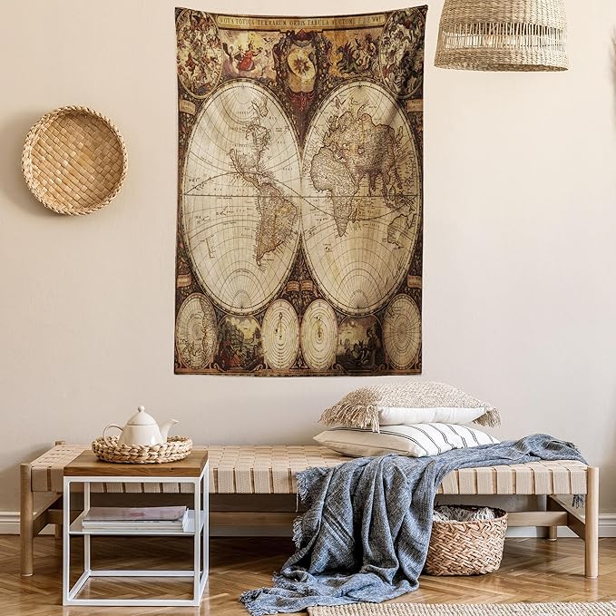 Ambesonne World Map Tapestry, Old World Map Drawn in 1720s Nostalgic Style Art Historical Atlas Vintage Design, Wall Hanging for Bedroom Living Room Dorm Decor, 40" X 60", Multicolor