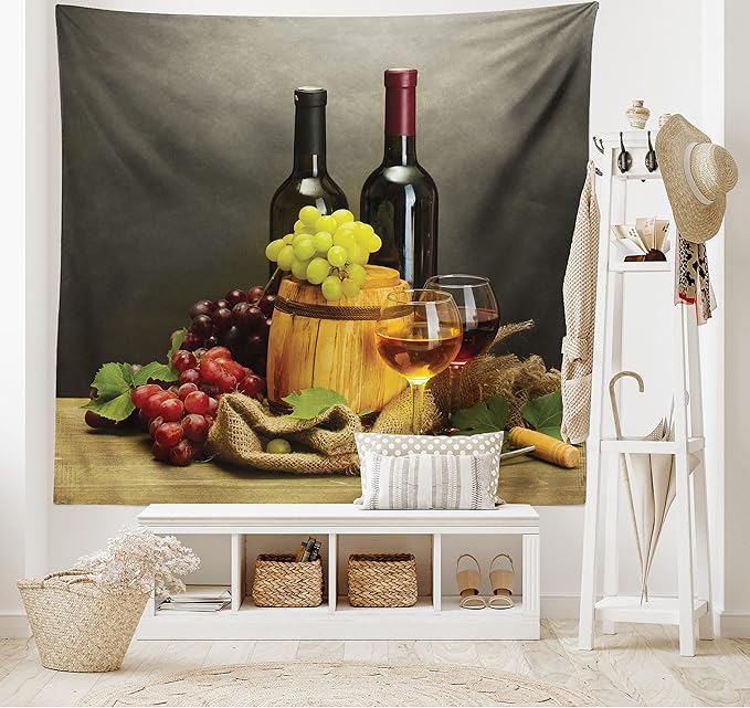 Ambesonne Winery Tapestry King Size, Cask Bottles and Glasses of Wine and Ripe Grapes on Wooden Table Picture Print, Wall Hanging Bedspread Bed Cover Wall Decor, 104" X 88", Grey Taupe