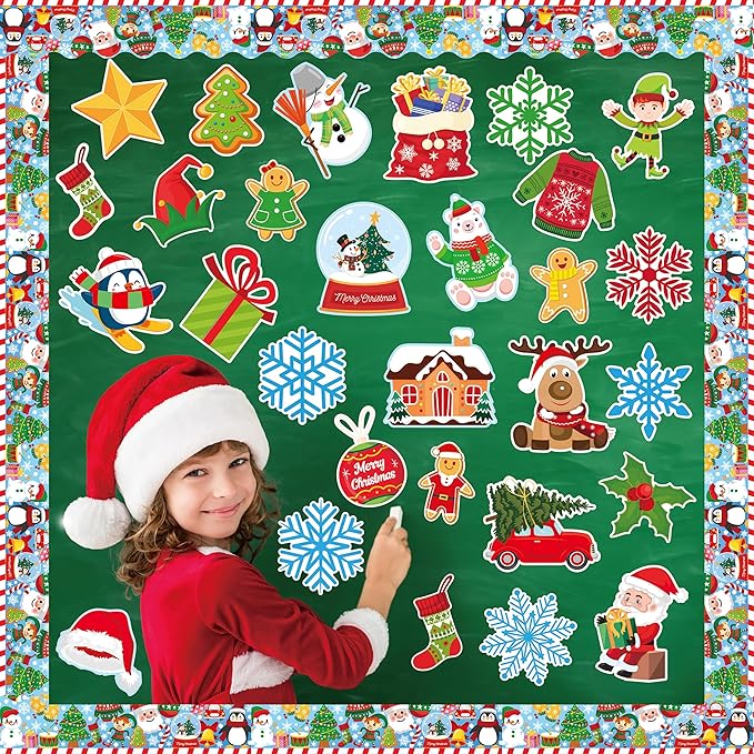 Merry Chritmas Bulletin Board Decoration Set - 83 Pcs Christmas Cutouts for Bulletin Board Decor with Border Xmas Holiday Wall Decals for Kids Teacher Classroom School Party Decoration Supplies