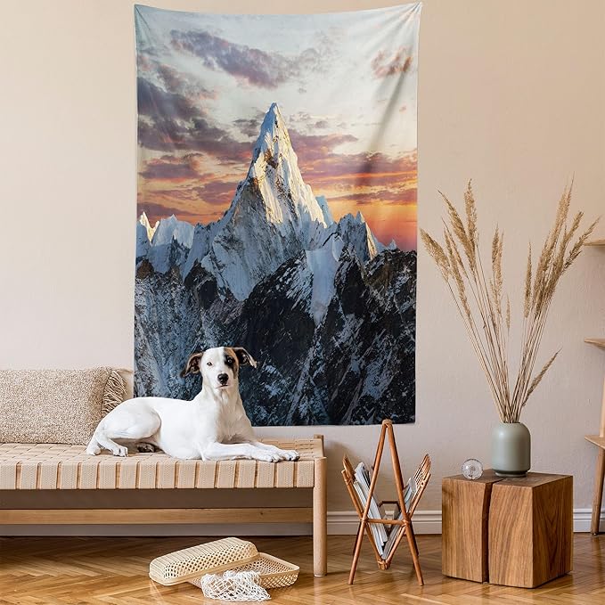 Ambesonne Mountain Tapestry Queen Size, Evening South High Hill Above the Sky Colorful Nepal Everest Photo, Wall Hanging Bedspread Bed Cover Wall Decor, 88" X 88", Bluegrey Salmon
