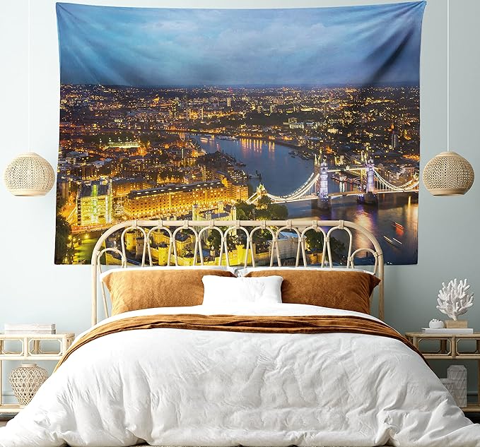 Ambesonne Modern Tapestry, Sunset at London England Cityscape Night Time and Tower Bridge Landmark Urban, Fabric Wall Hanging Decor for Bedroom Living Room Dorm, 45" X 30", Yellow Bluegrey
