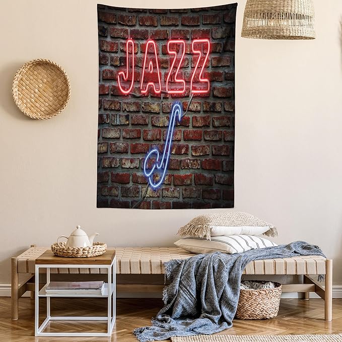 Ambesonne Music Tapestry Twin Size, Image of Alluring Neon All Jazz Sign Saxophone Instrument on Brick Wall Print, Wall Hanging Bedspread Bed Cover Wall Decor, 68" X 88", Red Blue