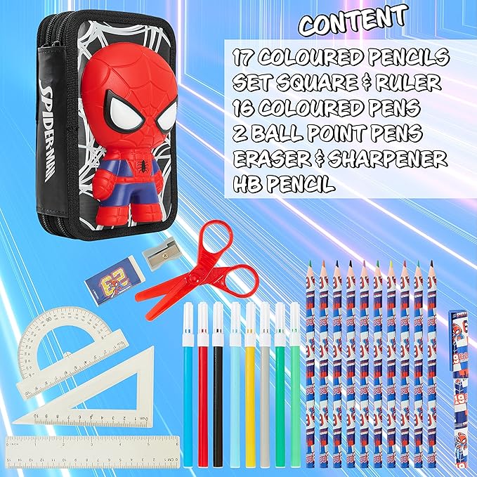 Marvel Boy's Pencil Case, Pencil Case with Compartments Filled School Supplies, Felt, Coloured Pencil, Spiderman Avengers Back to School Gift