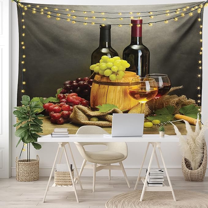 Ambesonne Winery Tapestry King Size, Cask Bottles and Glasses of Wine and Ripe Grapes on Wooden Table Picture Print, Wall Hanging Bedspread Bed Cover Wall Decor, 104" X 88", Grey Taupe