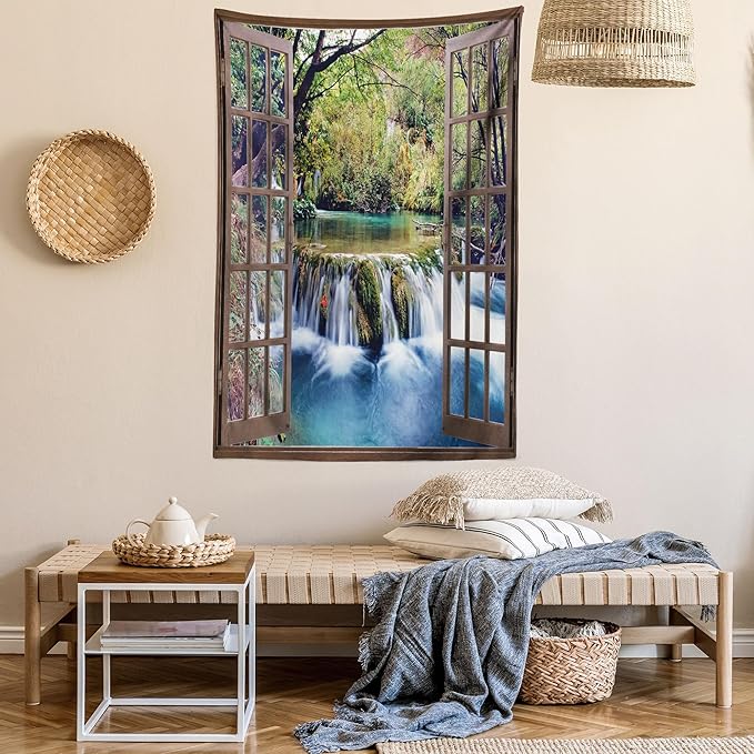 Ambesonne Waterfall Tapestry, Wide Waterfall Deep down in the Forest Seen from a City Window Epic Surreal Print, Fabric Wall Hanging Decor for Bedroom Living Room Dorm, 30" X 45", Brown Black