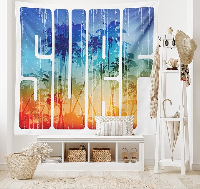 Ambesonne Surf Tapestry King Size, Summer Theme Retro Letters That Reflect the Seacoast Palm Tree Extreme Sports Art, Wall Hanging Bedspread Bed Cover Wall Decor, 104" X 88", Navy Orange