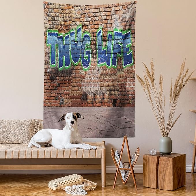 Ambesonne Thug Life Tapestry Queen Size, Graffiti Style Words on a Brick Wall Street Urban Art Hip Hop Rap Culture Theme, Wall Hanging Bedspread Bed Cover Wall Decor, 88" X 88", Brown Blue