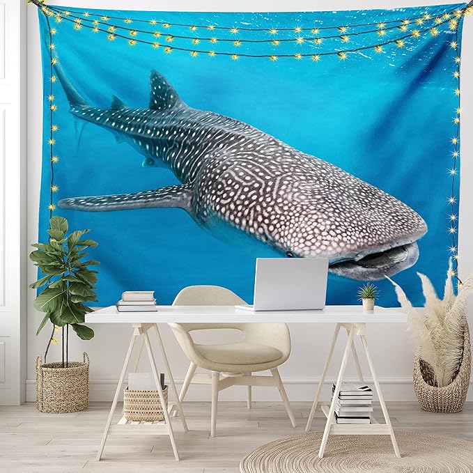 Ambesonne Sea Animals Tapestry, Whale Shark Swimming Predators Hunter Clear Water Under the Sea Picture Print, Fabric Wall Hanging Decor for Bedroom Living Room Dorm, 45" X 30", Dimgray Blue