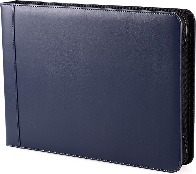 2Fold Zippered Business Checkbook Binder - 7 Ring Binder for Business Checks with Built-in Organizer and Card Case - PU Leather Portfolio for up to 600 3-Up Checks (Blue)