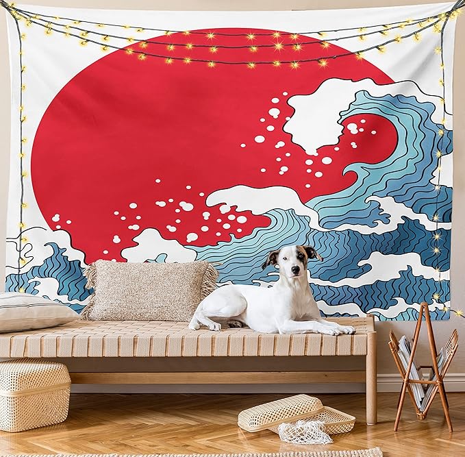 Ambesonne Japanese Wave Tapestry, Big Red Sun Setting Scenery Tropical Nautical Tsunami Swirls, Fabric Wall Hanging Decor for Bedroom Living Room Dorm, 23" X 28", Red Blue White