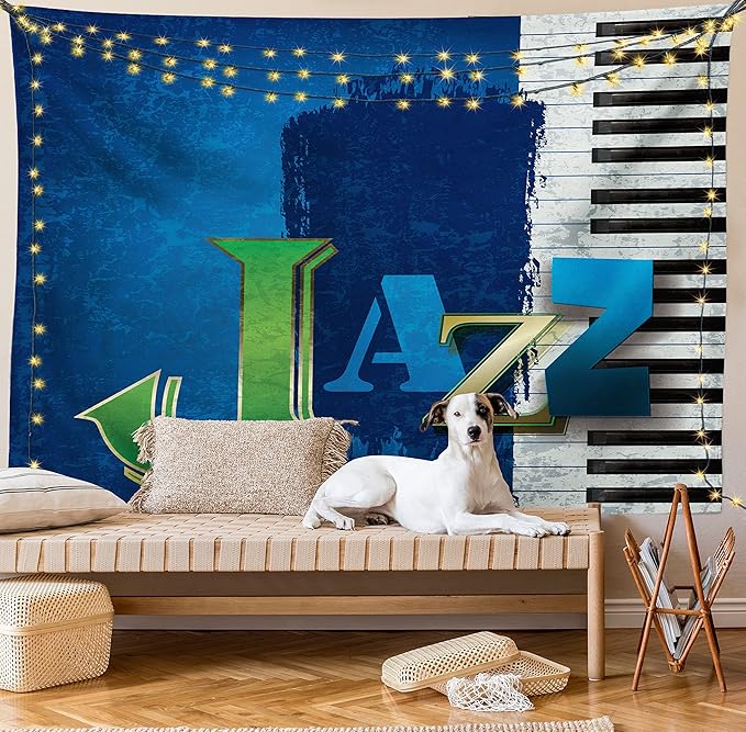 Ambesonne Jazz Music Tapestry Twin Size, Abstract Cracked Background Piano Keys Themed Print Rhytym Image, Wall Hanging Bedspread Bed Cover Wall Decor, 68" X 88", Navy Green White